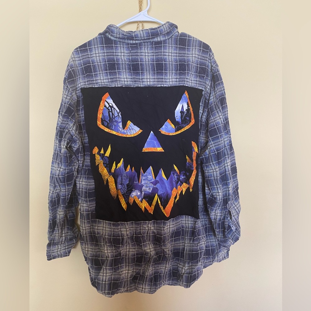 Trashion @trashionco one of a kind recycled Halloween Jack-o-latern flannel